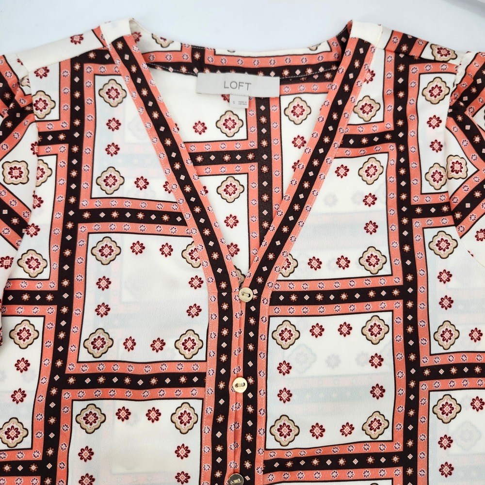 LOFT Womens Brown Coral Tile Print Satin Top Size S Artsy Eclectic Modern Chic